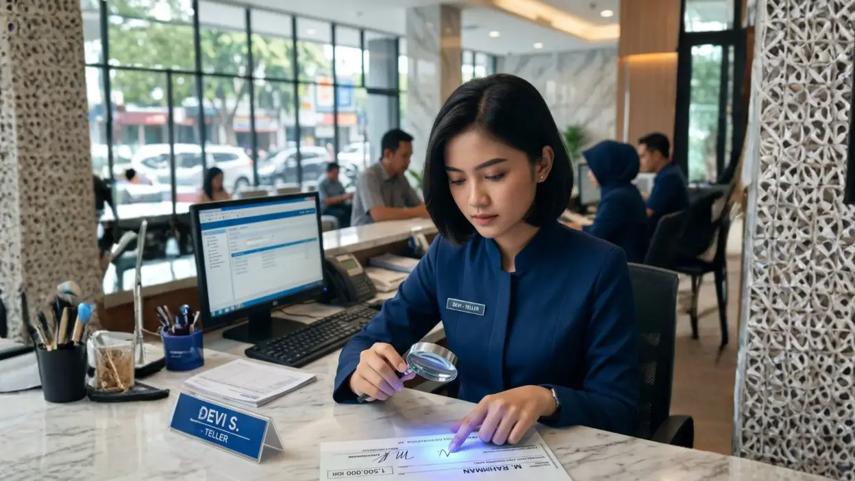 Teller bank perempuan sedang memeriksa keaslian tanda tangan pada cek menggunakan kaca pembesar (loupe) dan sinar UV di meja loket.