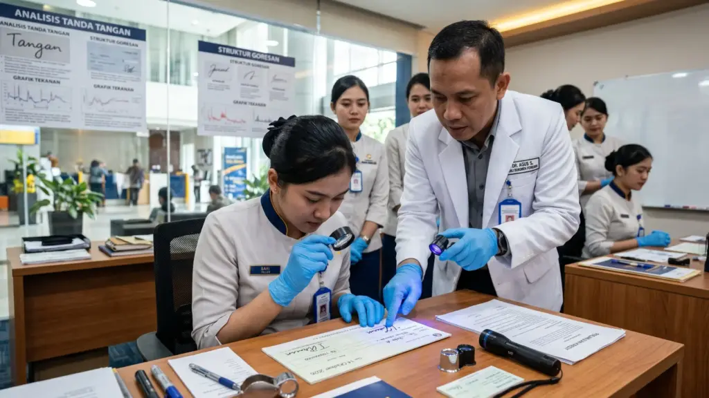 Instruktur forensik dokumen memandu staf teller bank membedah tanda tangan palsu menggunakan loupe dalam sesi in-house training grafonomi.