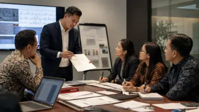Instruktur menjelaskan dokumen dalam sesi IHT Grafonomi kepada tim profesional di ruang meeting.