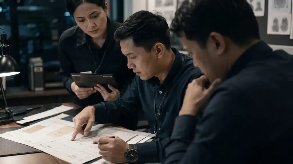 Tim profesional sedang memeriksa dokumen dan tanda tangan dalam sesi investigasi risiko dokumen dalam IHT Grafonomi