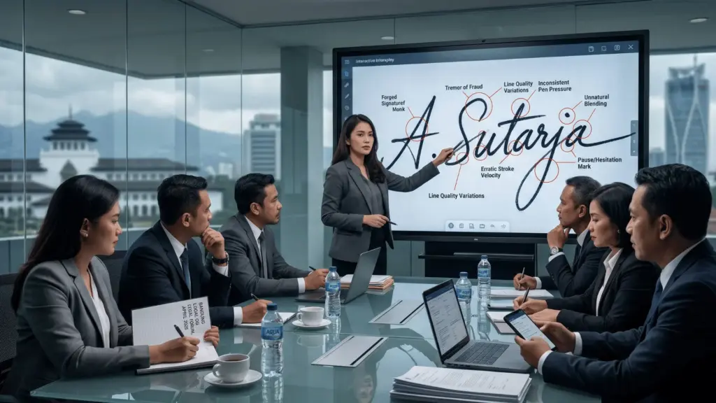 Instruktur ahli forensik membedah anatomi tanda tangan palsu di layar interaktif di hadapan tim pengacara dalam In-House Training Grafonomi.