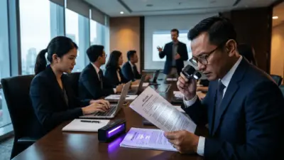 Pengacara senior sedang melakukan audit forensik awal pada dokumen sengketa menggunakan kaca pembesar loup dalam sesi Training Grafonomi.