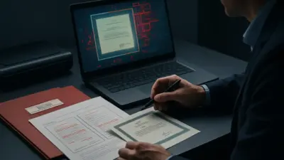 Ilustrasi workstation forensik modern dengan AI menganalisis dokumen untuk indikasi pemalsuan