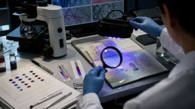 Meja forensik menampilkan paspor dan visa diperiksa dengan mikroskop dan cahaya UV untuk analisis tinta dokumen